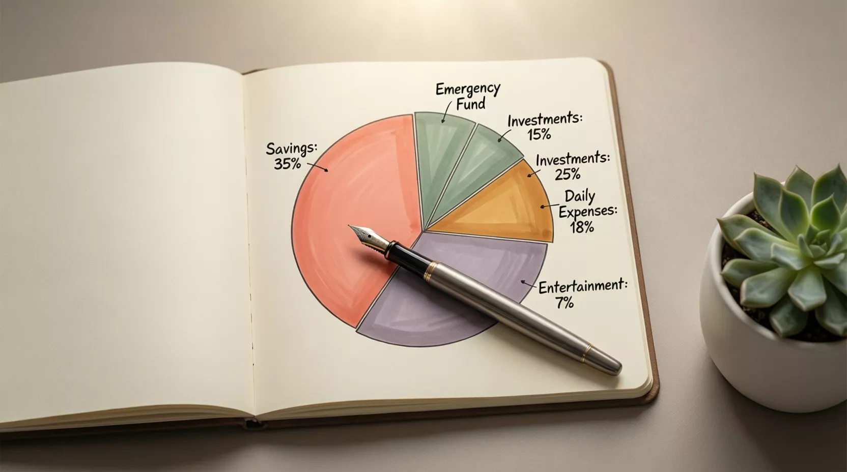 Overzichtelijk bureau met een open notitieboek en pen voor financiële planning
