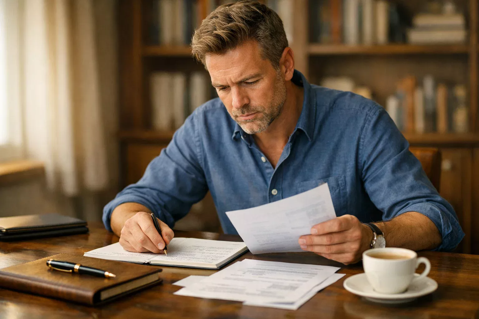 Professional die aandachtig documenten bestudeert aan een bureau met notities