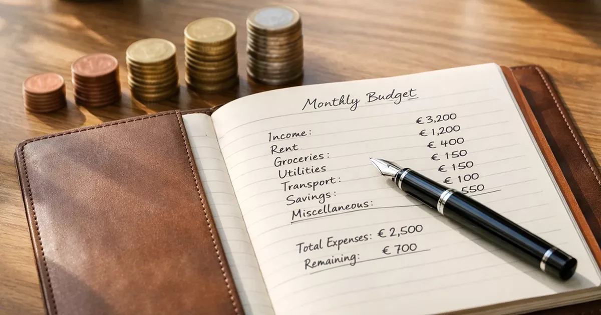 Georganiseerd financieel overzicht met notitieblok en munten