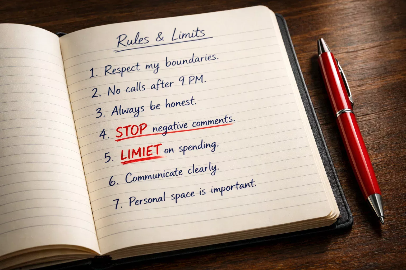 Notitieboek met geschreven regels en stopgrens