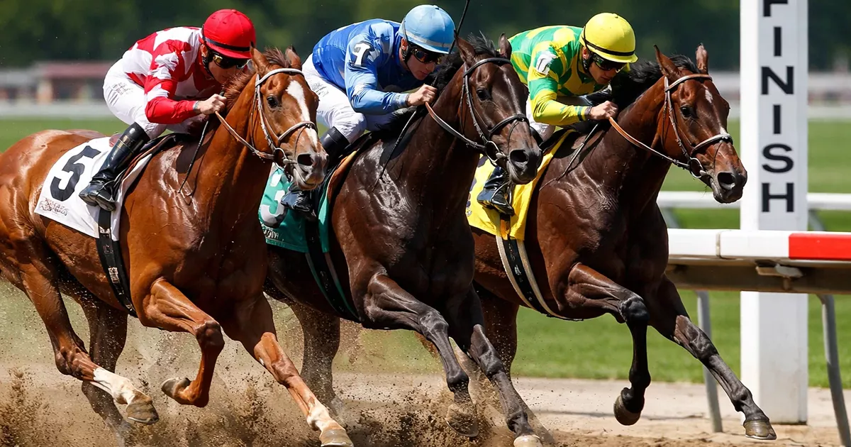 Paardenrace met meerdere kanshebbers op de finish