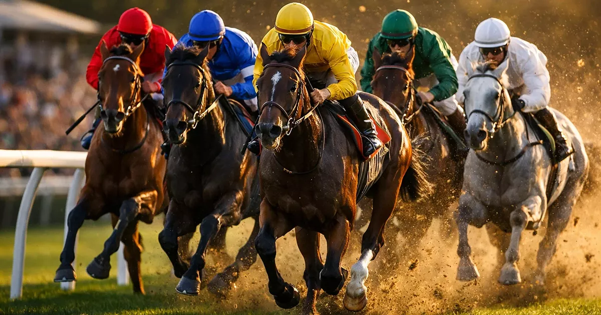 Paardenrace met meerdere paarden in volle galop op een groene renbaan