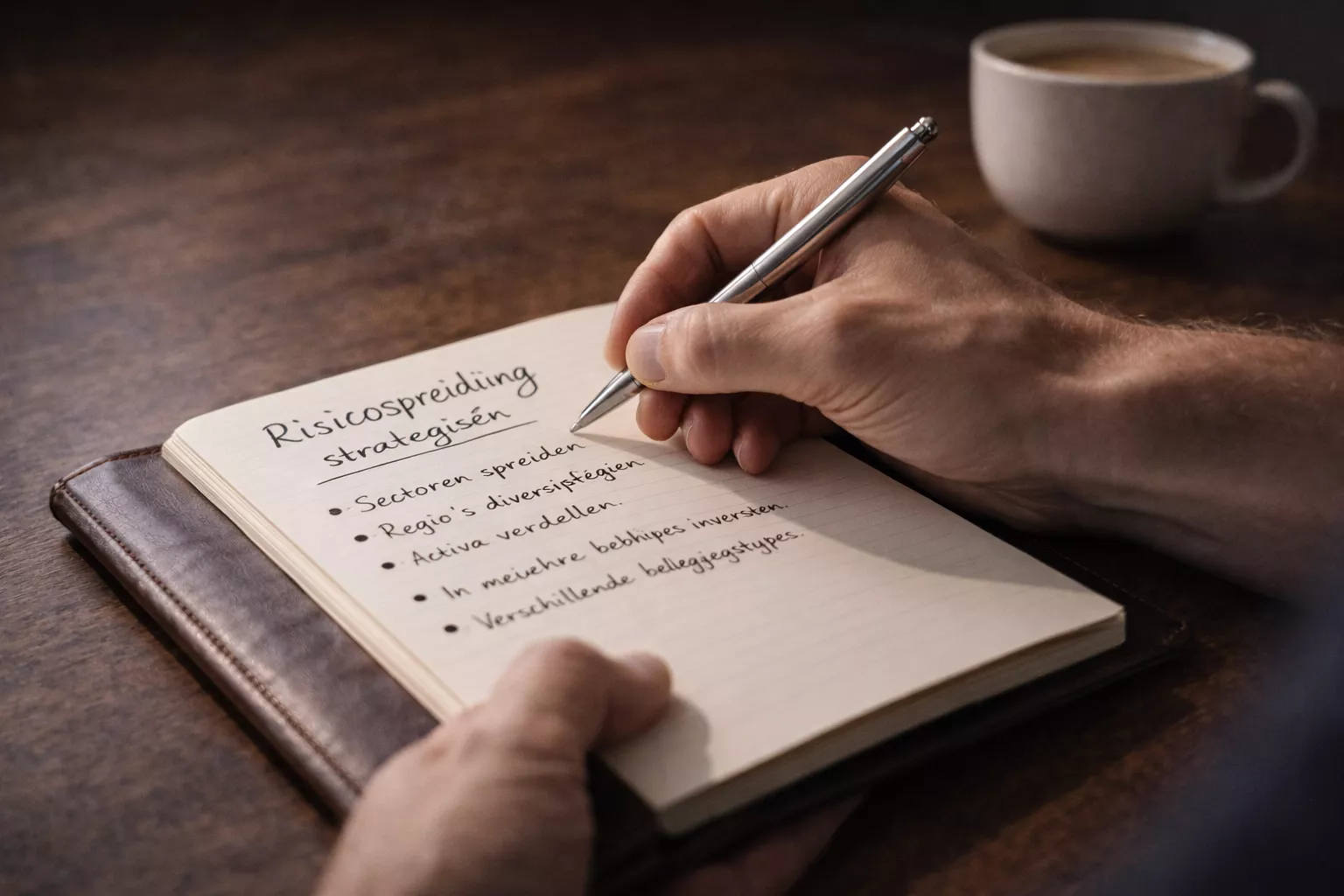 Hand die aantekeningen maakt in een notitieboek met strategische notities