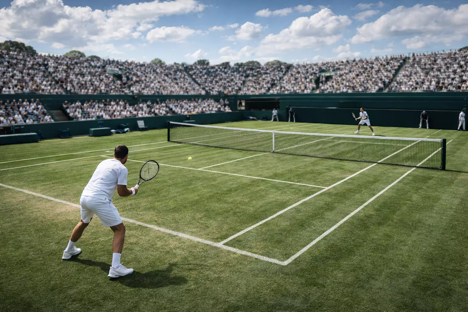 Tennisbaan met grasondergrond tijdens een professionele tenniswedstrijd