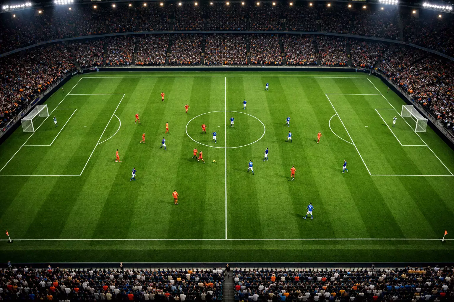 Voetbalveld met spelers tijdens een Eredivisie-wedstrijd vanuit vogelperspectief